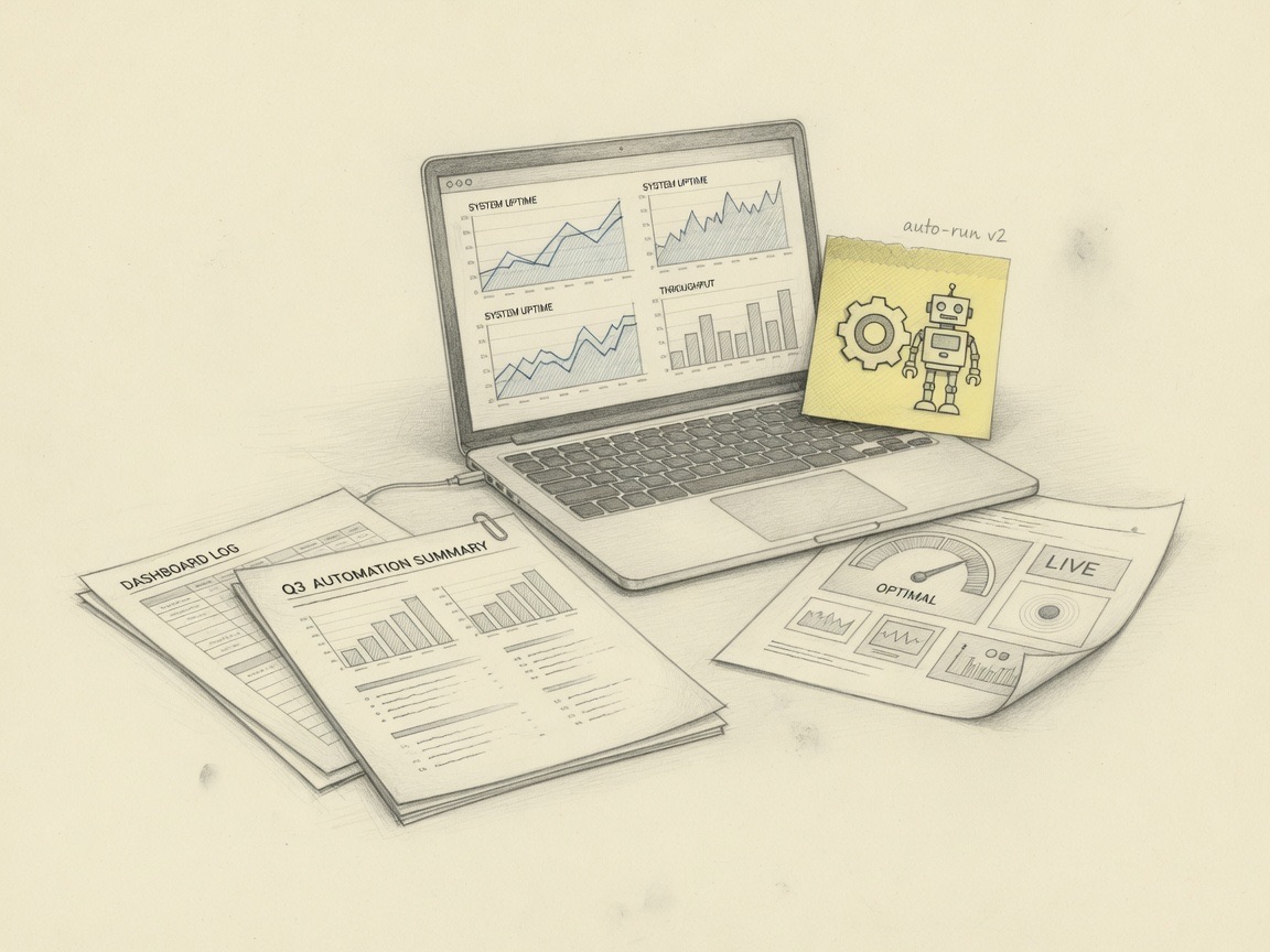 Pencil drawing of automated monitoring: laptop charts, reports, and a small robot note.