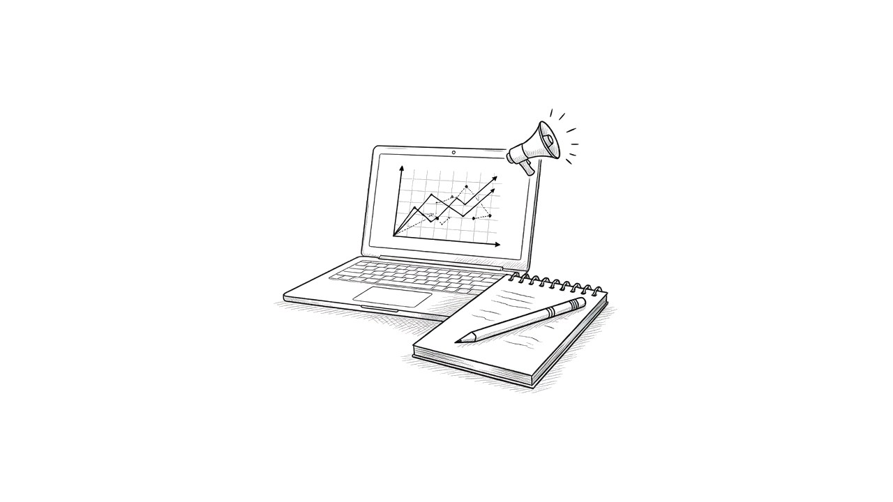 Ink drawing of a laptop chart and a notepad.