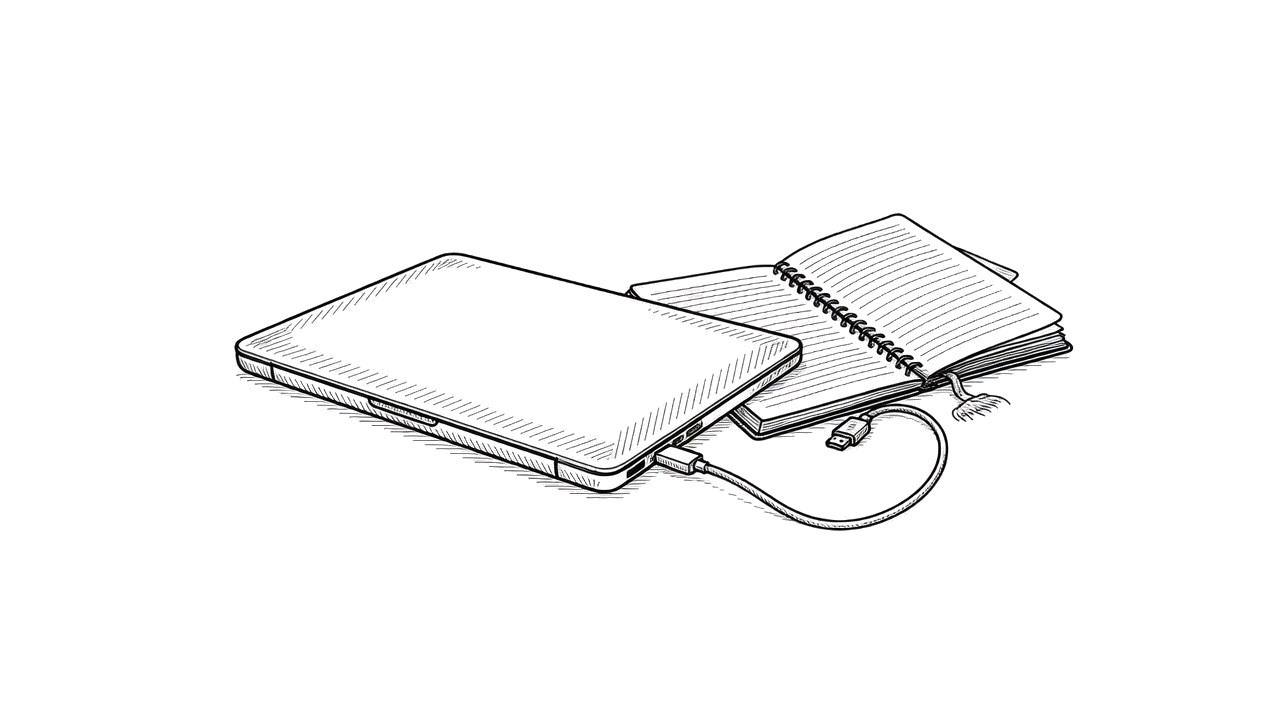 Ink drawing of a laptop, notebook, and cable — getting started.