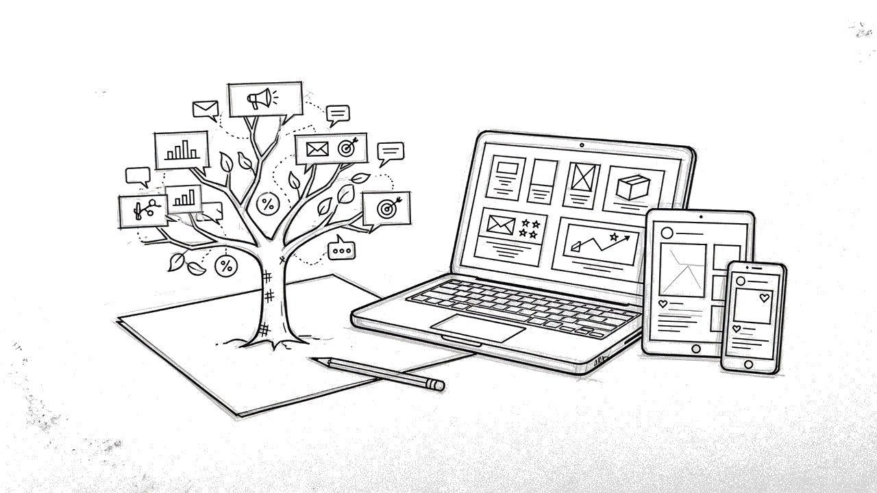 Ink drawing of a campaign tree, laptop, and devices.